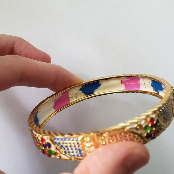 VTG Colourful Floral Gold Toned Bangle Bracelet - Picture 4 of 8